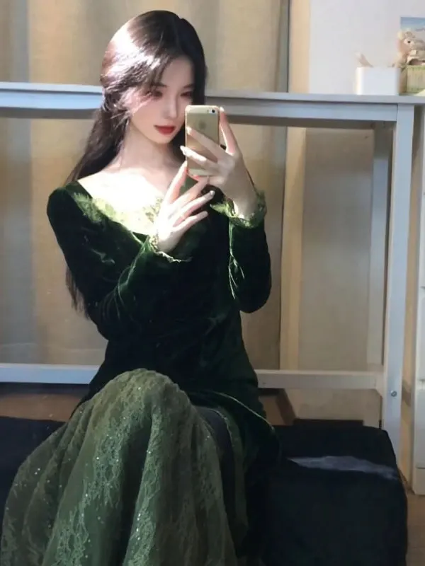 

Уникальное красивое бархатное платье в стиле ретро, нежное длинное платье с высокой талией, длинное платье из двух частей, закрывающее талию, зимнее модное женское платье...