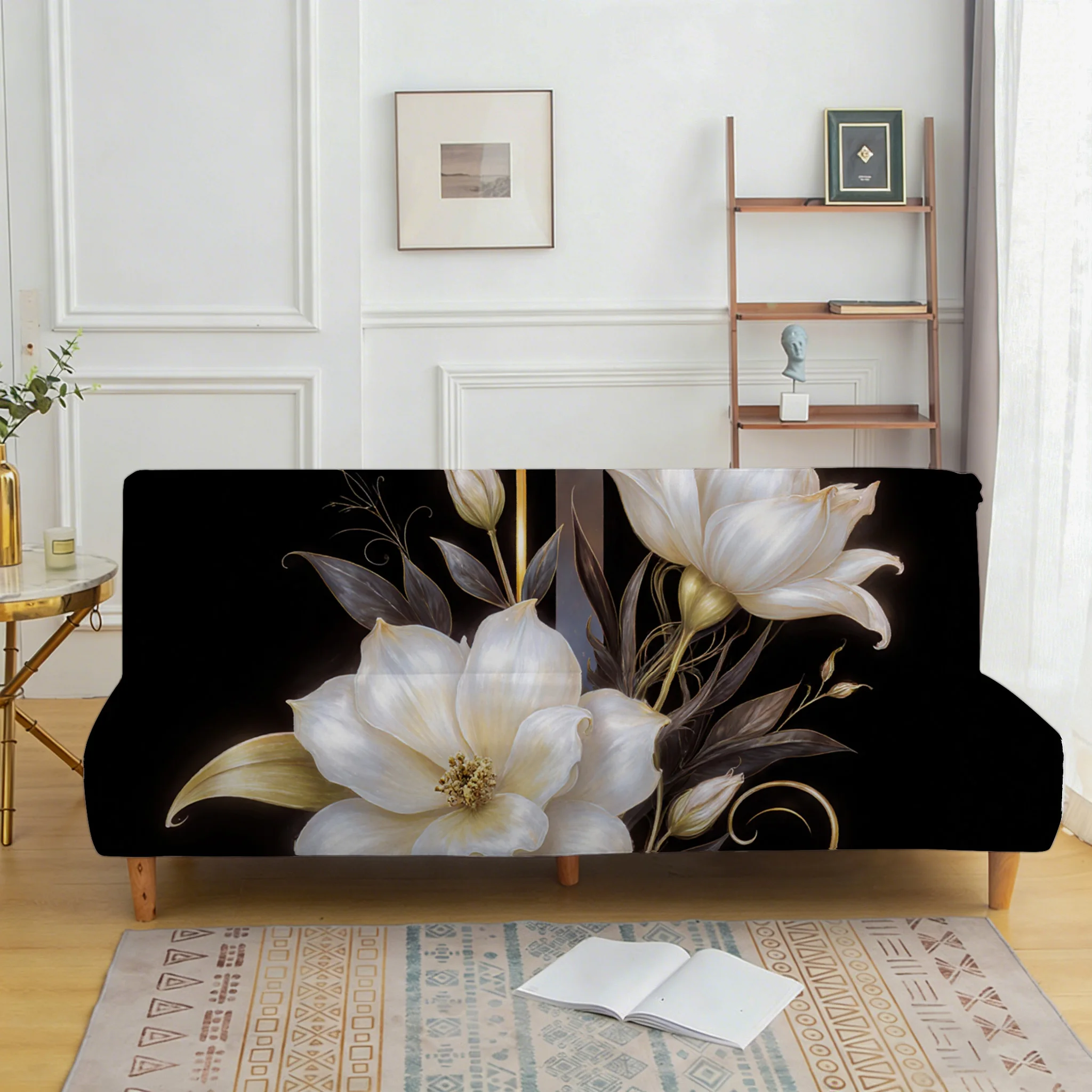 Magnolia print sofa bed cover on black background, living room sofa bed cover, dustproof machine washable sofa bed cover