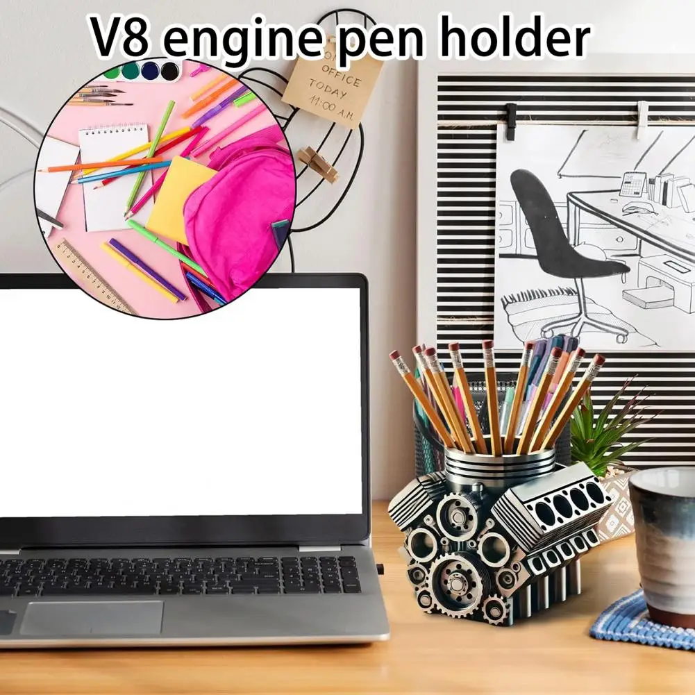 Pen Holder Resin V8 Car Engine Pen Holder Unique Stationery Organizer for Home Office Decor Desktop Ornament with Auto Engine view 3