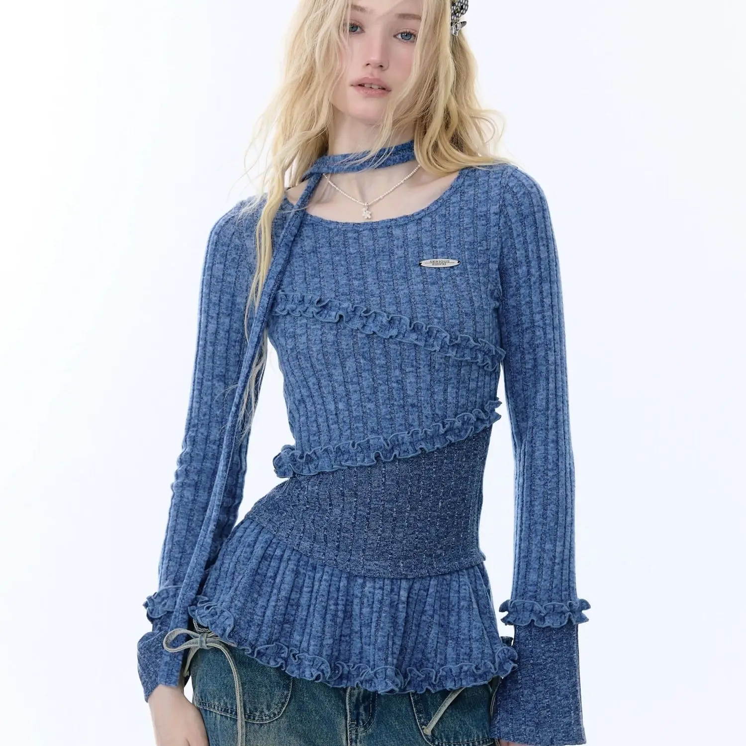 American Retro Design Irregular Top Women'S Spring And Autumn Black Fungus Lace Hem Knitted Sweater