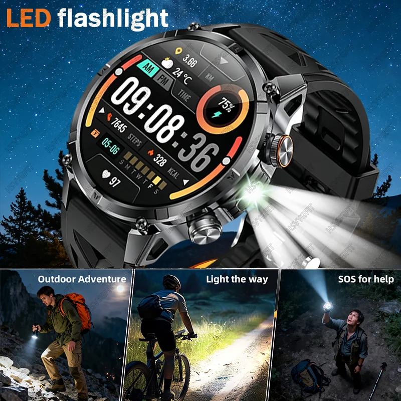 2026 new men's military outdoor smartwatch, wireless calling, compass, voice assistant, heart rate monitoring, best holiday gift