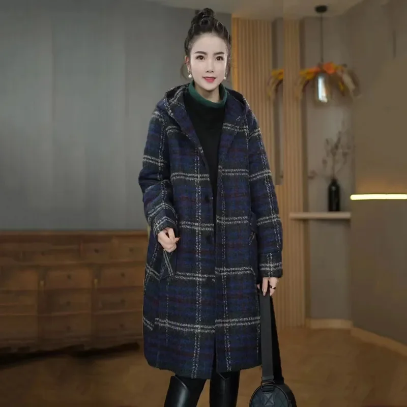 Lazy Wind Women Fashion Plaid Jacket Spring Autumn Ladies Large Size 4XL Hooded Coat Korean Femme Medium Long Styles Outwear