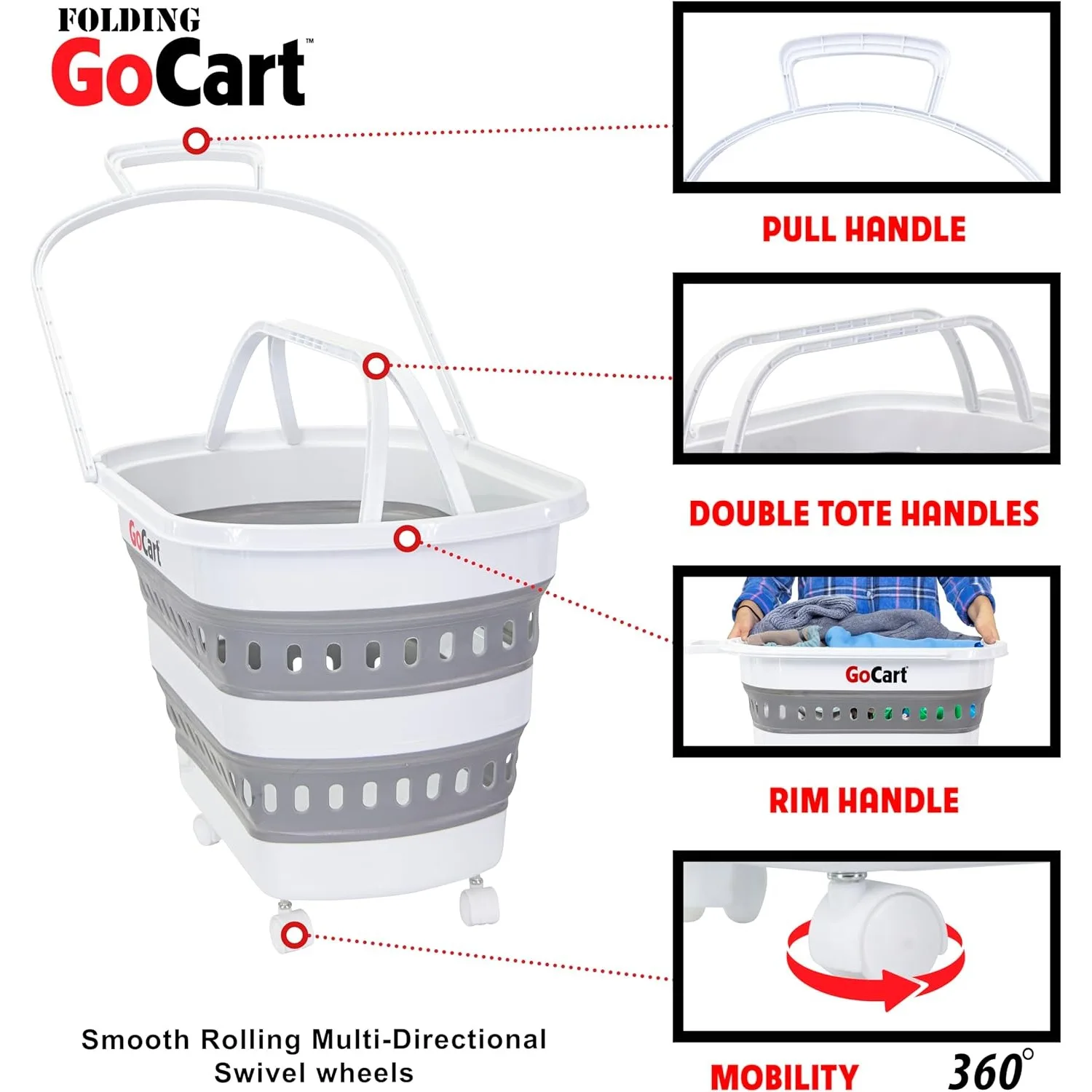 Folding Gocart Collapsible Laundry Basket on Wheels Grocery Cart Shopping Foldable Pop Up Plastic Hamper Tote Handles Cesto para