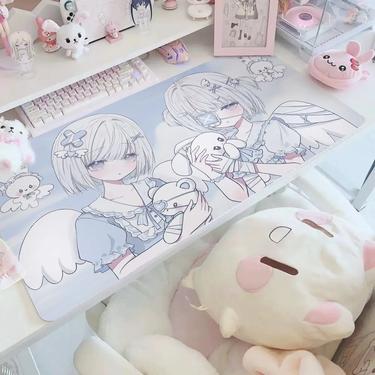 Leather Desk Pad Protector Dream Angel Girl Y2K Kawaii Blue Mouse Pad Office Desk Mats Waterproof Oilproof PU Desk Keyboard Pad