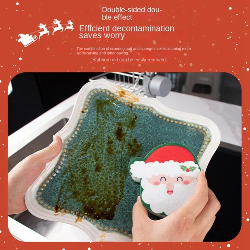 8 PCS Christmas Sponges Kitchen Dual Sided Dish Sponges As Shown Sponge For Washing Dishes Santa Christmas Tree Gingerbread Man