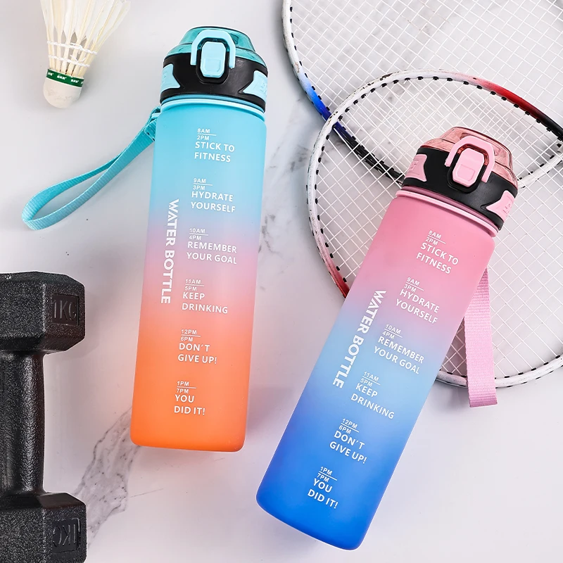 1L Motivational Water Bottle Leakproof Gradient Matte Drinking Water Bottle with Time Marker for Outdoor Sports and Fitness