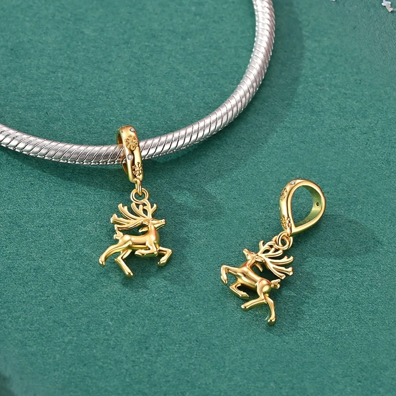 Running Reindeer Dangle Charm Bead 925 Sterling Silver Snowflake Winter Xmas Journey Good‑Fortune Fit DIY Bracelet Jewelry Gift