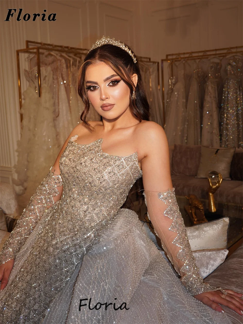 Gorgeous Strapless Evening Dresses Silver Mermaid Prom Dress For Women Detachable Skirt Beaded Wedding Party Gowns Customized