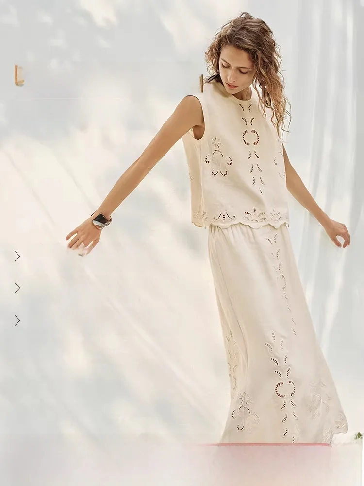 

Luxury Series Linen Summer Vacation Sleeveless Top And Skirt Set Embroidered Hollow out Design Breathable Medium Weight