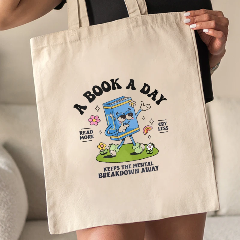 A Book A Day Canvas Totes for Women Stylish Portable Tote Handbags Travel Shopping Toilet Storage Clutch Kawaii Gift for Her