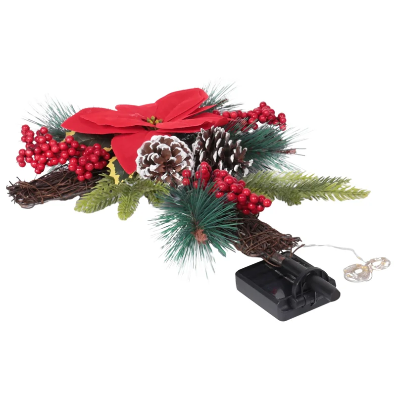 AB15-Weihnachts-Kreuzpfahl, Kreuzpfahl, Metallkreuz, solarbetrieben, mit Lichterketten, natürlichem Rattan, rotem Weihnachtsstern und Beeren