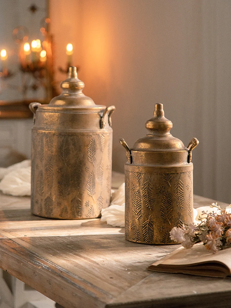 Vintage Feather Pattern Iron Storage Jar | Antique Gold Decorative Vessel | Handcrafted Lid Container | Boho Home Decor