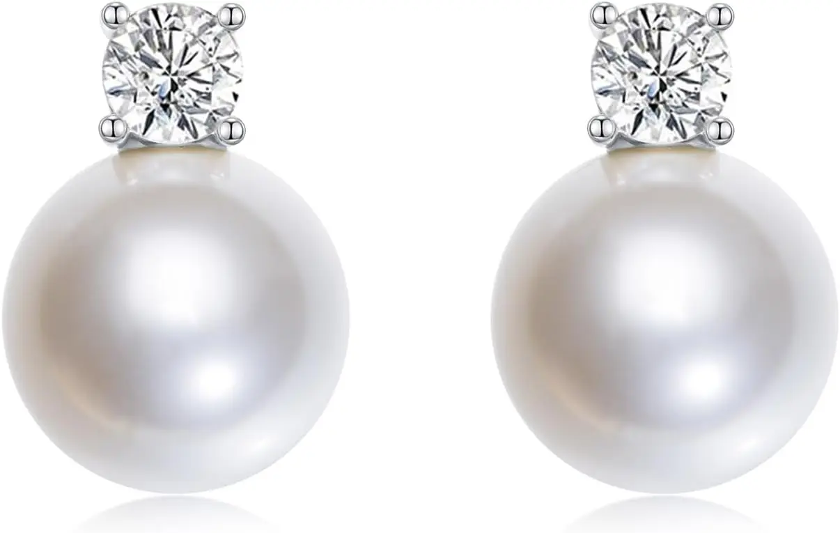 

Pearl Earrings for Women Dainty 925 Sterling Silver Cubic Zirconia CZ 10MM Simulated White Pearl Stud