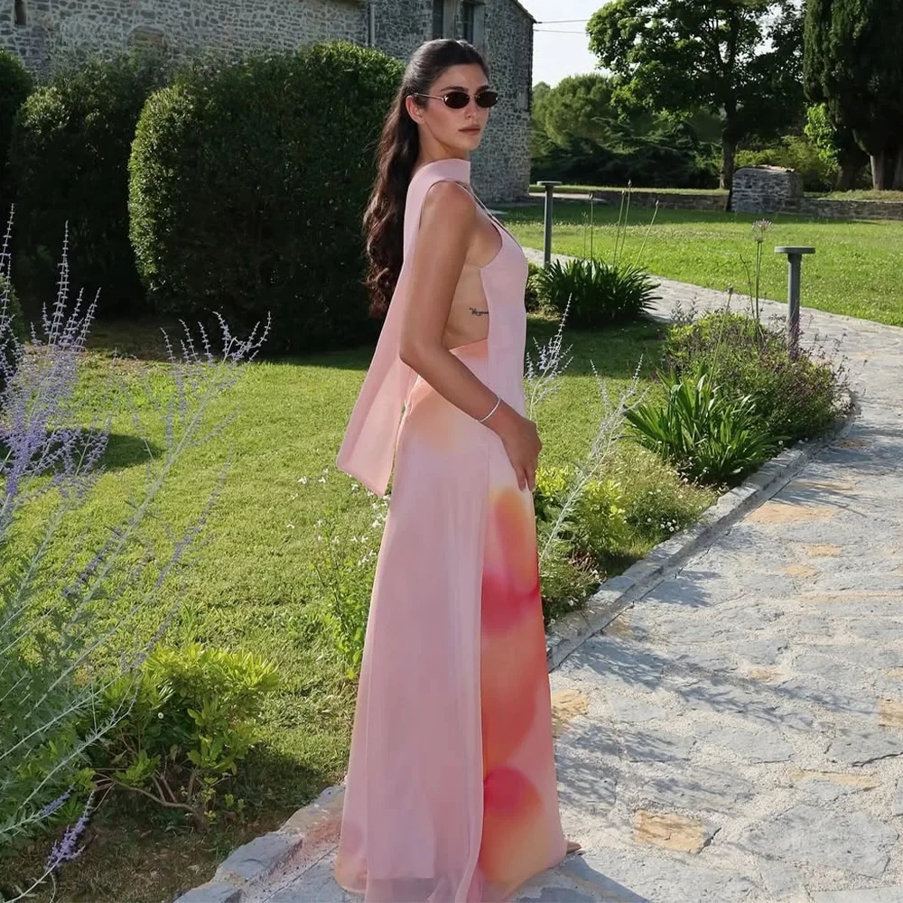 2025 Spring Summer Elegant Women Scarf Collar Dresses Fashion Sexy Print Slim Sleeveless Cami Chic Ladies Long Dresses