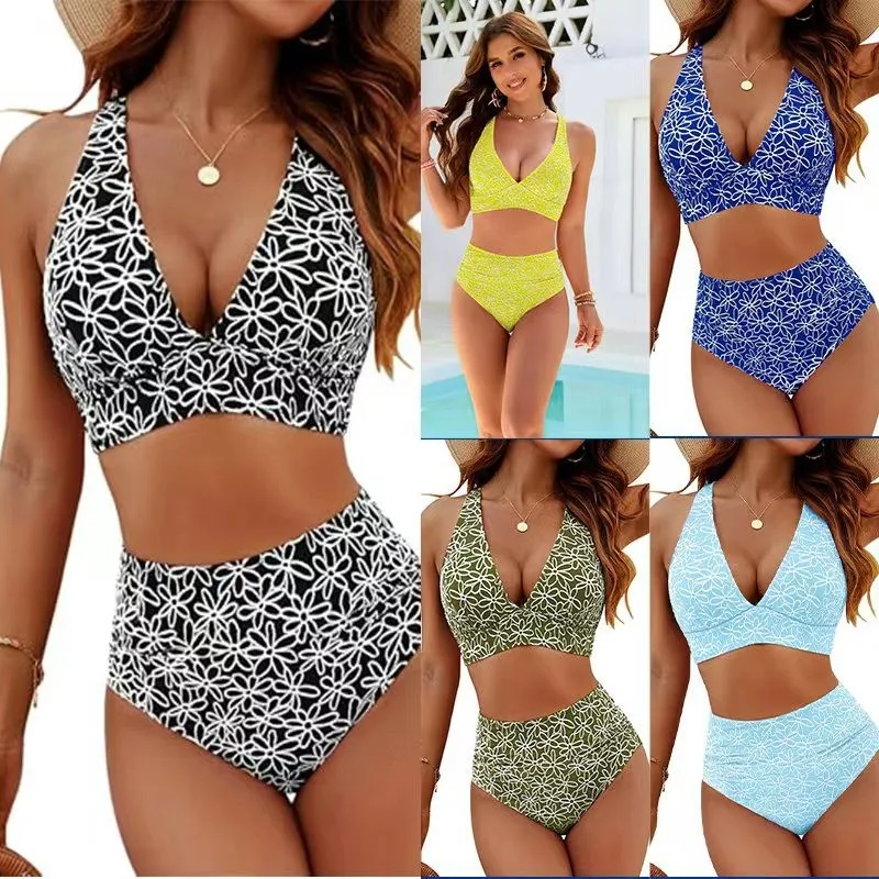

Swimwear Woman 2026 Bikini Sets High Waist V Neck Bikinis Sleeveless Floral Two Piece Swimsuit Solid Swim Bikini Black Women