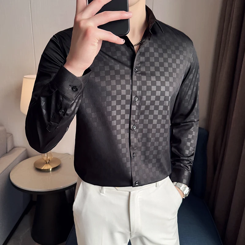 British Style Luxury Plaid Shirt 2025 Spring New Men's Long Sleeved Slim Fit Business Social Shirts Fashion Wedding Tuxedo 4XL-M