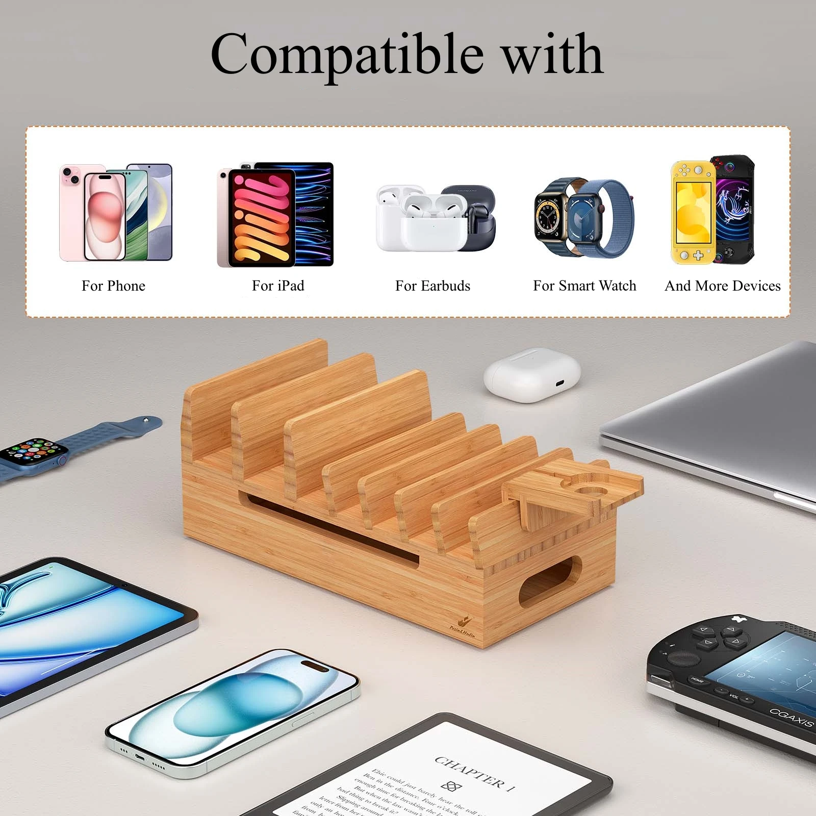 Bamboo Charging Station for Multiple Devices Desktop Docking Stations Holder for Cell Phone Tablet SmartWatch Earbuds Stand