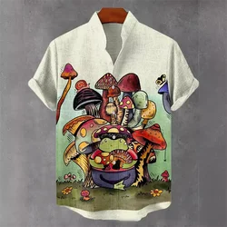 Mushroom House Elf Printed V-Neck Short Sleeve Shirt Foreign Trade Fashion Casual Loose T-shirt Bamboo Linen Shirt Top