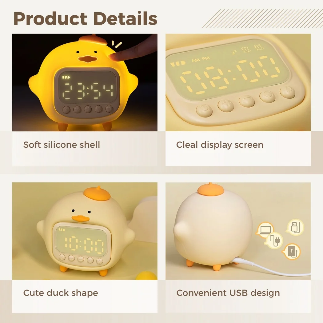 Duck Alarm Clock Cute Duck Alarm Soft Night Light Duck Alarm Brightness Adjustable Rechargeable Portable Lamp for Bedroom Room