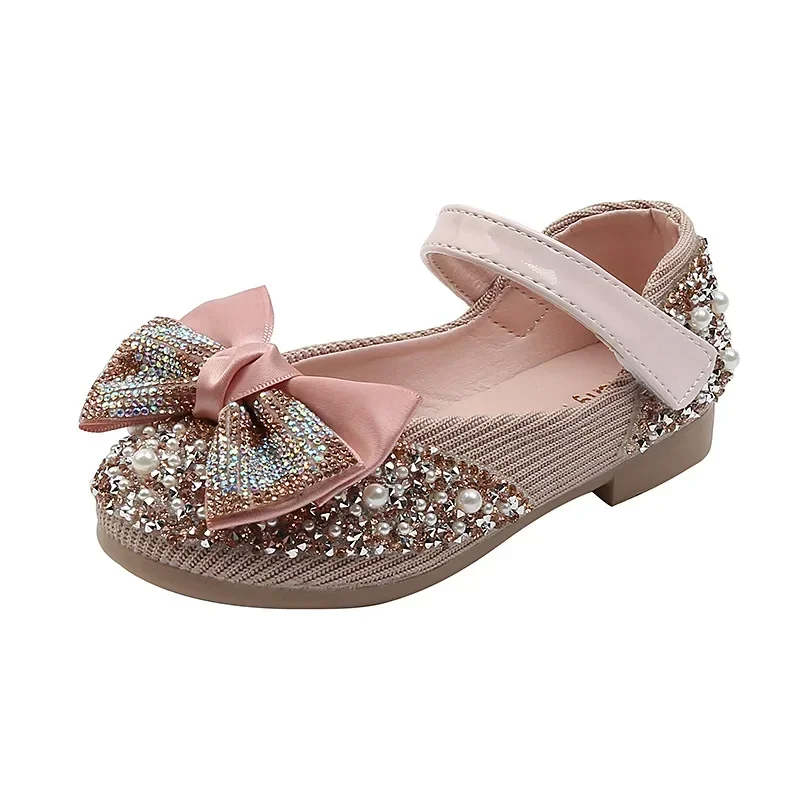 

New Children Leather Shoes Rhinestone Bow Princess Girls Party Dance Shoes Baby Student Flats Kids Performance Shoes
