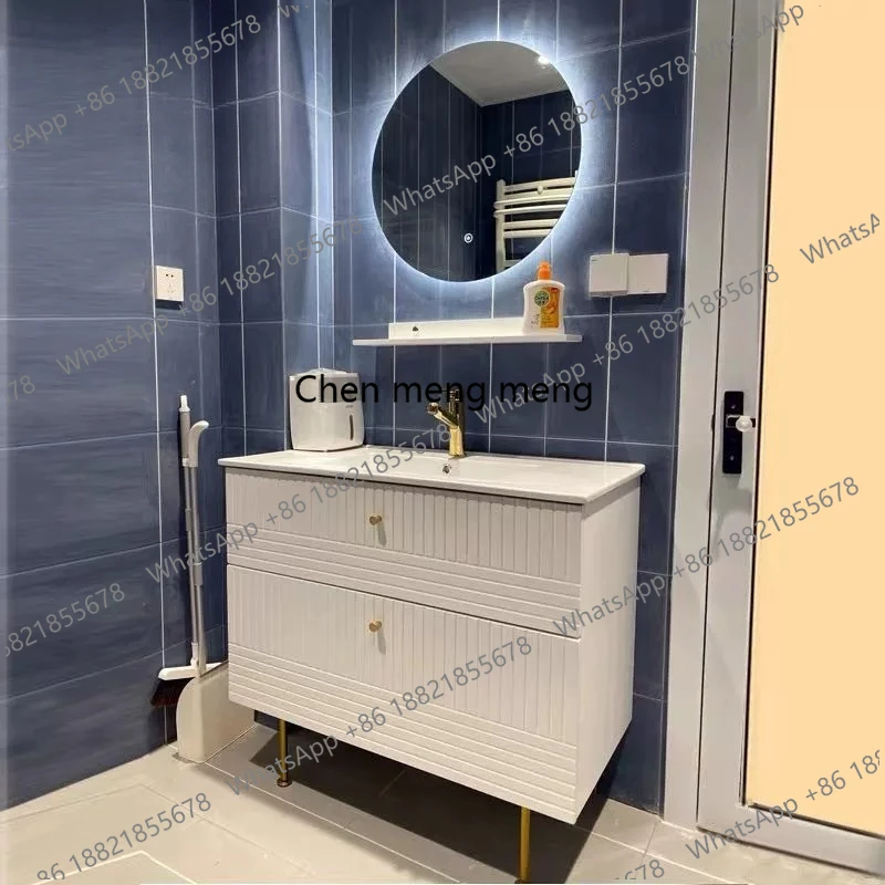 

Modern light luxury white French rock slab ceramic integrated washing table hand basin combination bathroom cabinet