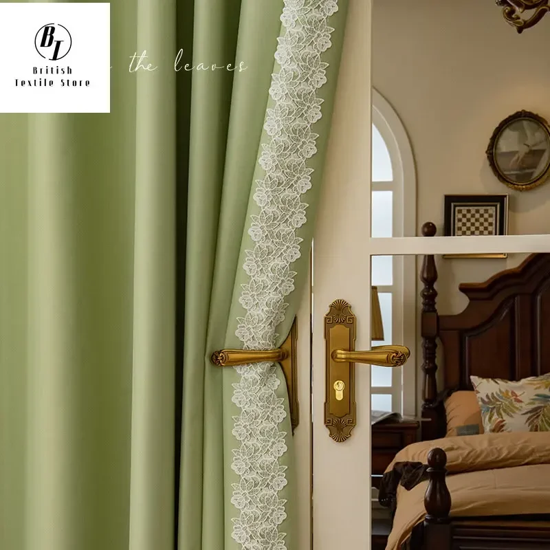 French Curtains for Living Dining Room Bedroom Pastoral Curtains Retro Ins Wind Lace Curtains Green Window Custom