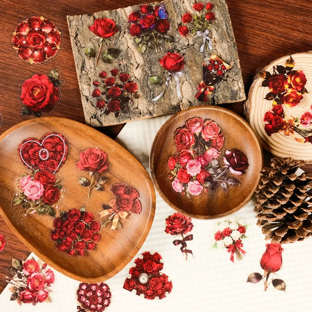 Clear PET Heart Shape Rose Sticker Pack 56 Sheets Elegant Red Blooms Decorative Stickers for Gift Crafts Anime Worlds Store