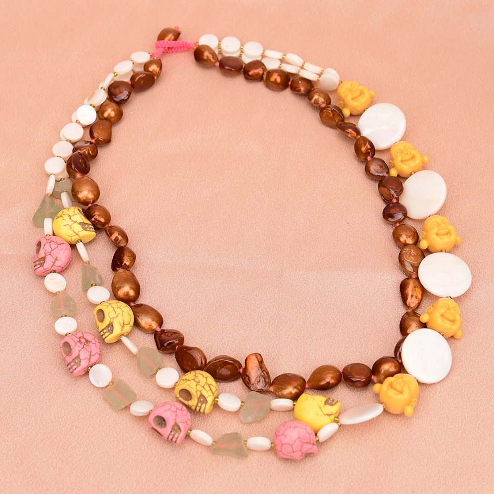 APDGG A70 Handmade 3 Rows Natural Mix Stone Fluorite Shell Turquoise Multi Strands Necklace