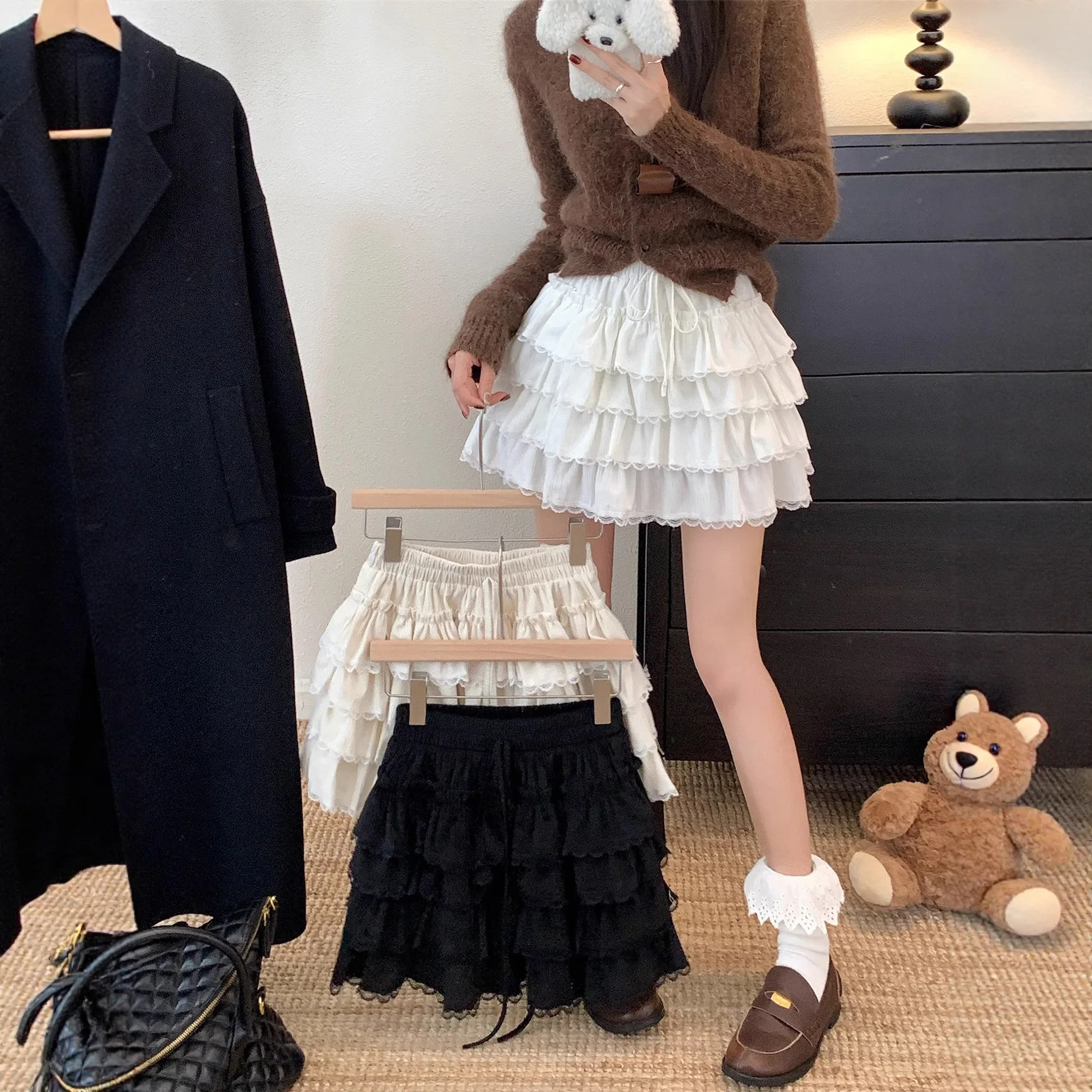 Ballet Style High Waist Lace Trim Half Skirt Women Loose Slimming Short Cake Skirt Elegant Commute Pure Color Polyester Fiber