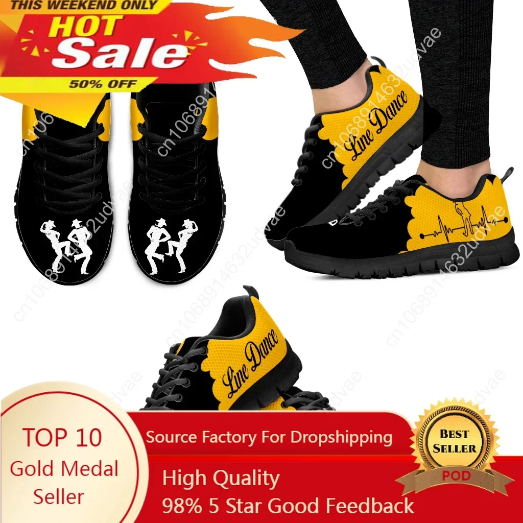 

Yellow And Black Color Contrast Design Line Dance Sneakers Comfortable Breathable Shoes Knitted Shoes Zapatos Planos