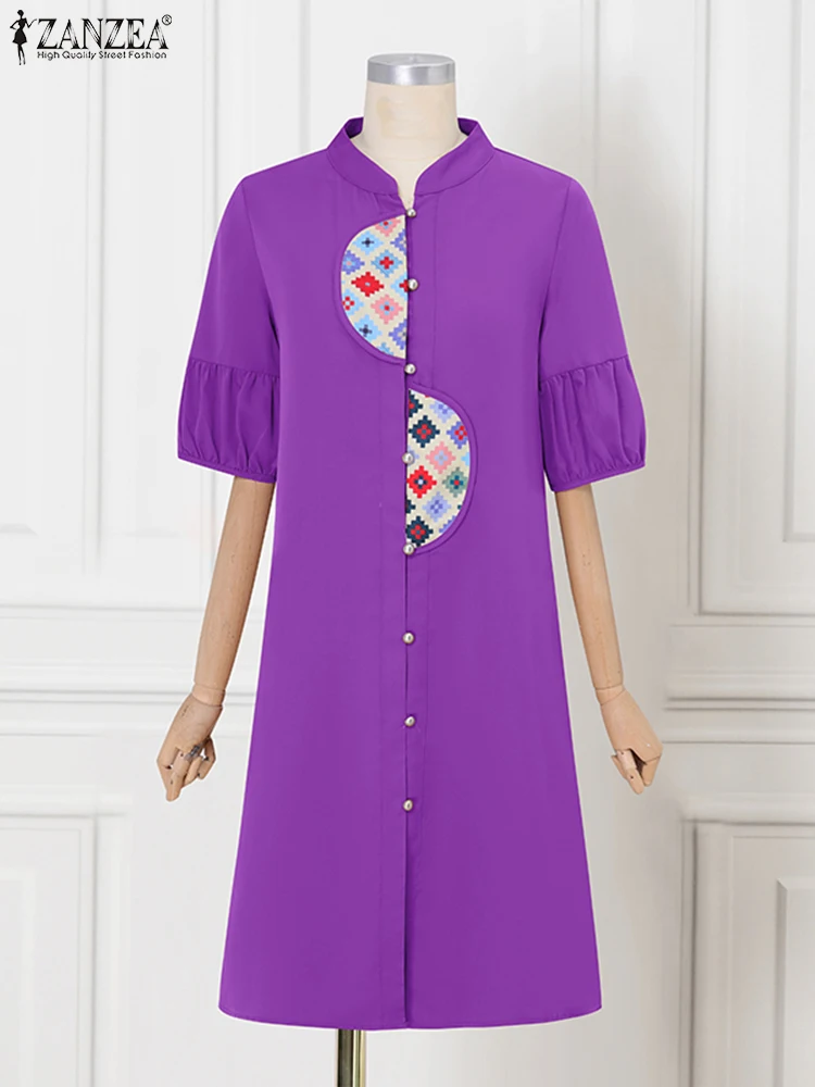 

ZANZEA Fashion Printed Shirt Dress Casual Vintage Vestidos Loose Sundress 2025 O Neck Buttons Half Puff Sleeve Robe Oversized