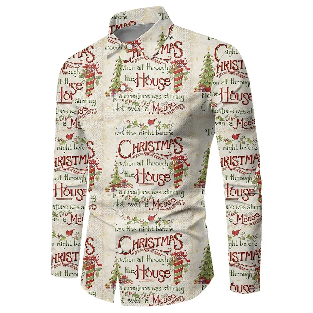 Chemise de Noël décontractée à manches longues pour hommes, col à revers, chemise régulière masculine, commande légère 3D, 03, vacances