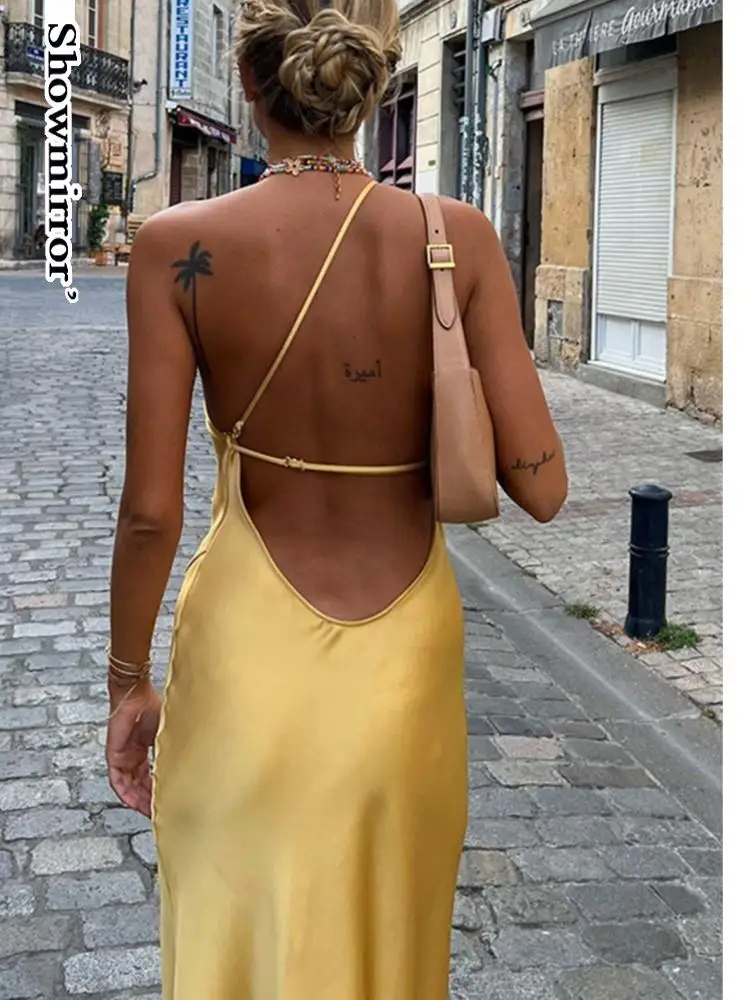 Showmirror Elegant Satin Draped Slit Maxi Dress for Women Sexy Sleeveless Backless Robe Slip Long Dress Party Club Clothes
