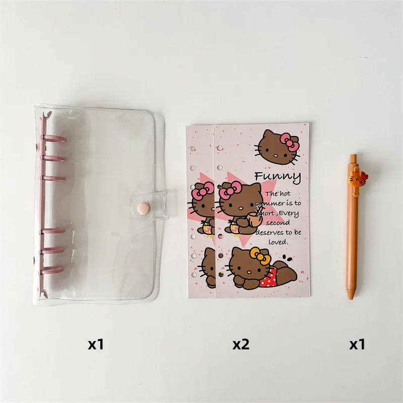 Sanrio Hello Kitty Notebook with Kt Pen Shell Student Cartoon 6 Holes Handbook Clip Anime Stationery Clip A6 Loose-leaf Folder