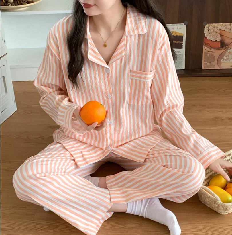 

Striped Women Pajamas Set Cloud Cotton Cardigan Long Sleeve Student Fashion Korean Version Four Seasons Long-Sleeved Nightwear