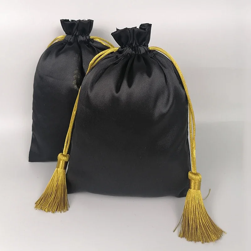 Luxury Satin Hair Bag Custom Logo Drawstring Pouch Tassel Hair Makeup Jewelry Wig Extension Bags for Bundles 15x20/18x30/30x40cm