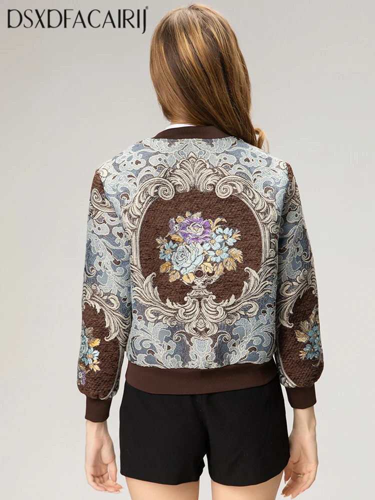 

DSXDFACAIRIJ Vintage Women's Beaded Jacquard Jacket O-Neck Long Sleeve Short Fashion Autumn Female with Pockets