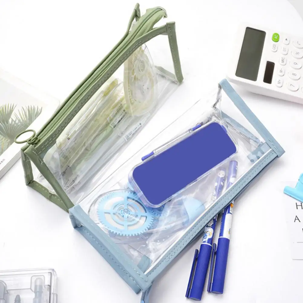 Bolsa de lápis de cor sólida, transparente, com zíper, à prova d'água, armazenamento de maquiagem, estudantes, papelaria para escola