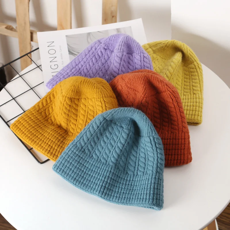 

B14 Korean Women's Net Red Bucket Solid Color Light Plate Knitted Hat Outdoor Sports Leisure Women's Warm Wool Hat