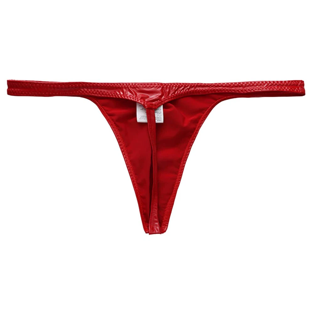 Men Faux Leather G-string Briefs Thin Strap T-Back Low Waist Thong Underwear For Male Sexy Lingerie Red M-3XL