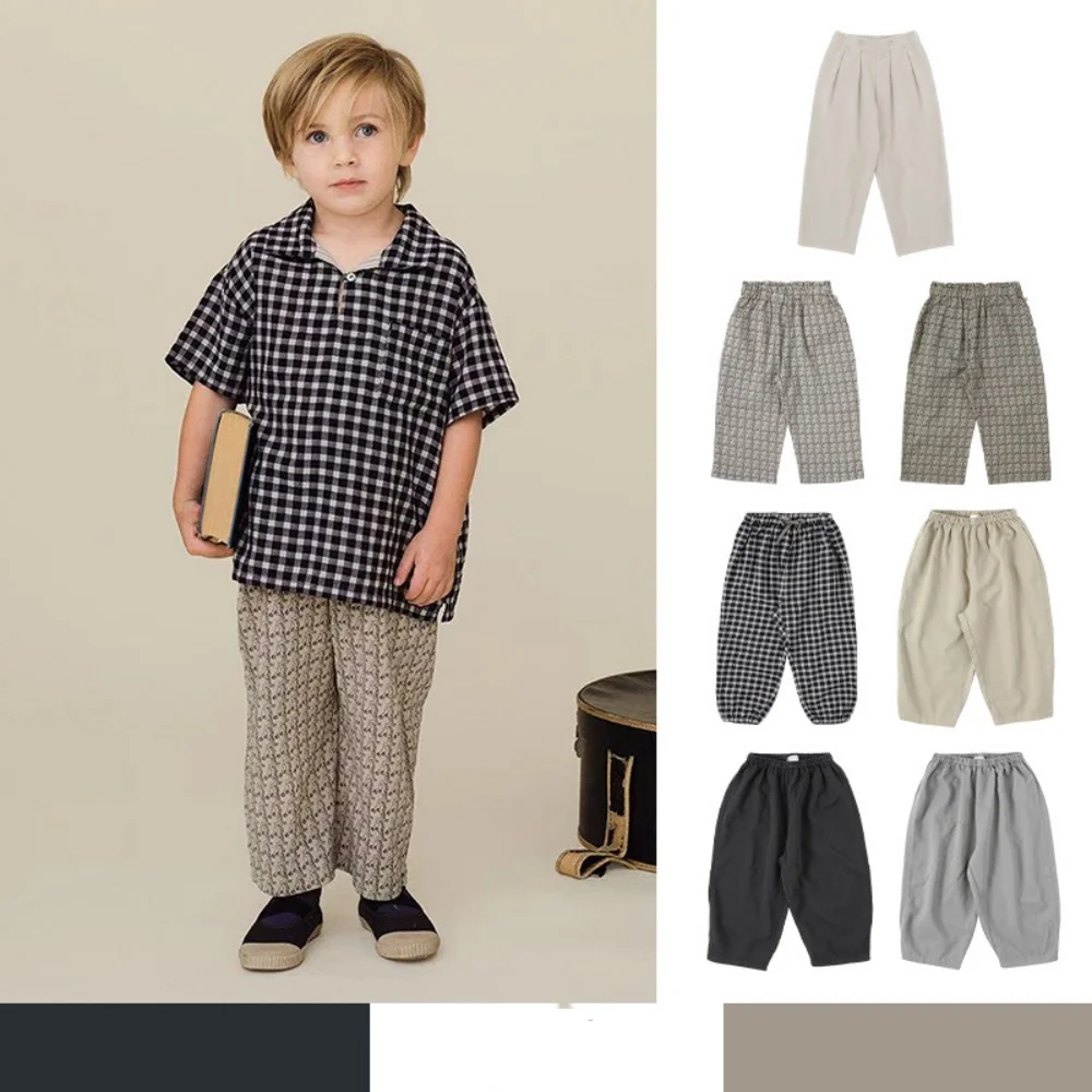 Spring/Summer Pure Cotton Plaid Casual Trousers with Elastic Waist for Boys And Girls Mosquito-Resistant Outdoor Pants