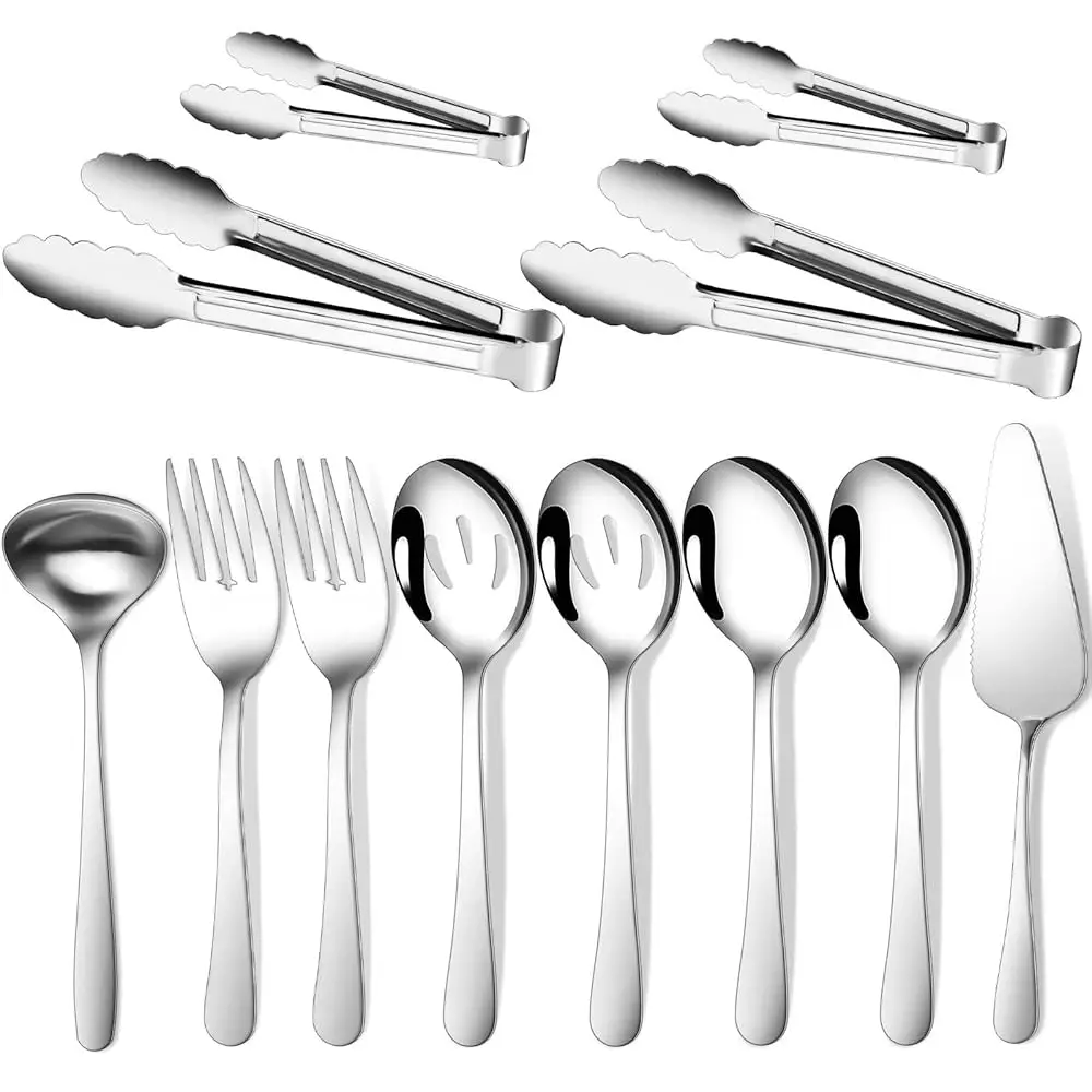 

12-Piece Serving Set - Large Spoons, Forks, Tongs, Ladle, Cake Server & Appetizer Tongs For Buffet Catering, Dishwasher Safe