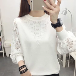 Spring Autumn New Bottoming Shirt Sweater Women's Lace Long-sleeved Stitching Round Neck Hollow Loose Knitted Top S-4XL