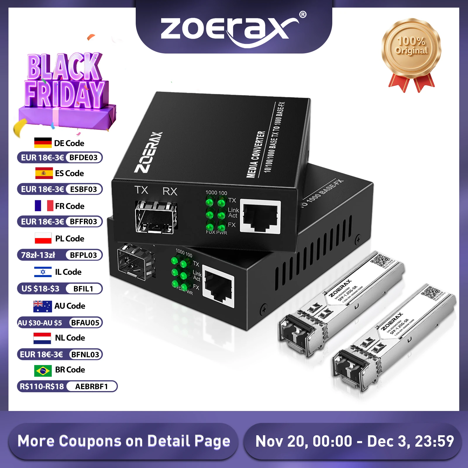 ZoeRax Gigabit SFP LC Multimode Module Fiber to RJ45 Ethernet Media Converter Fiber Optic Transceiver with 1.25G SFP LC Module