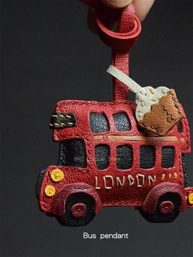 London Bus Afternoon Tea Bag Charm, Hand-stitched Goatskin, Original Cute Pendant Gift，Keychain Gift