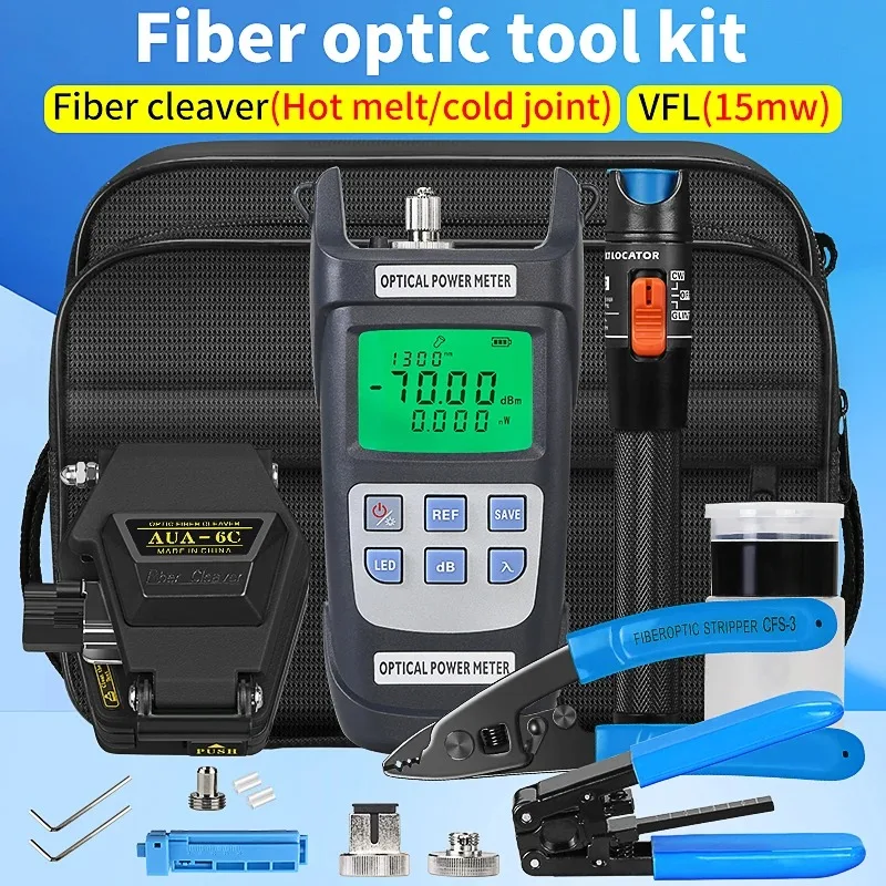 

19pcs/set FTTH Fiber Optic Tool Kit with AUA-6C Fiber Cleaver -70~+10dBm Optical Power Meter Visual Fault Locator 15mw