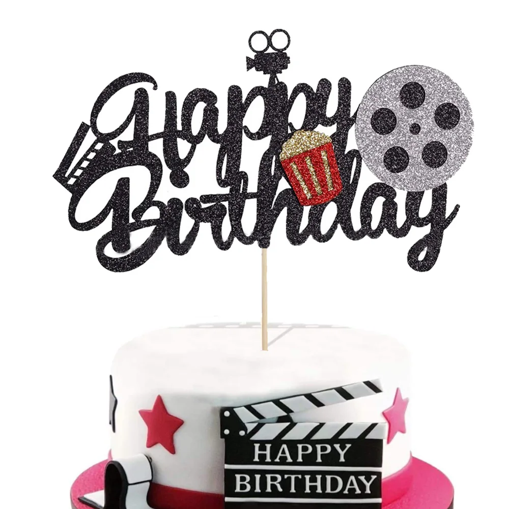 Glitter Happy Birthday Movie Cake Toppers Camera Cake Toppers Video Recorder Popcorn Family Movie Night Themed Party Supplies