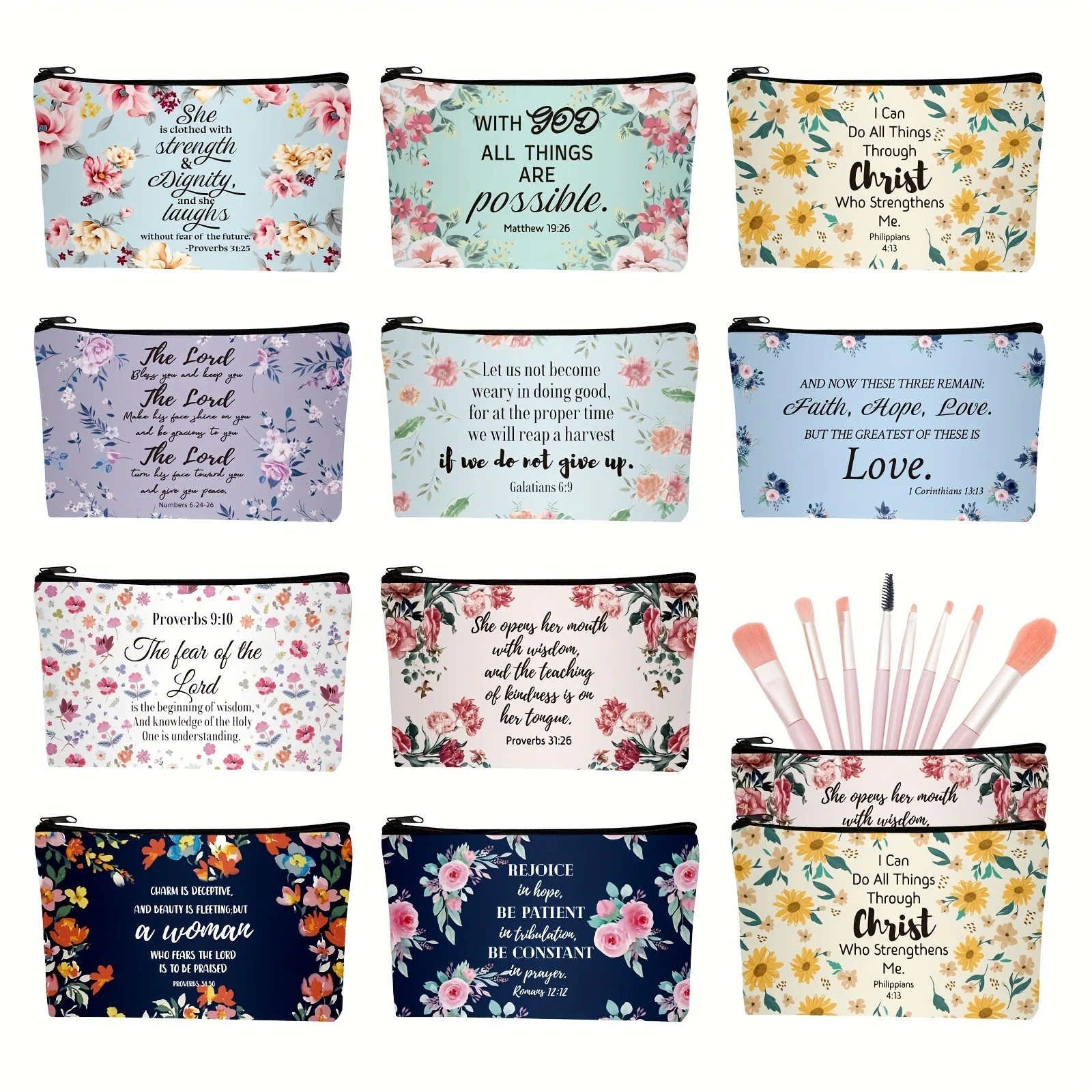 A Set Of Floral Bags Inspired By Christian Bible Scriptures, Including 10 Polyester Makeup Bags, Suitable For Women, Religious