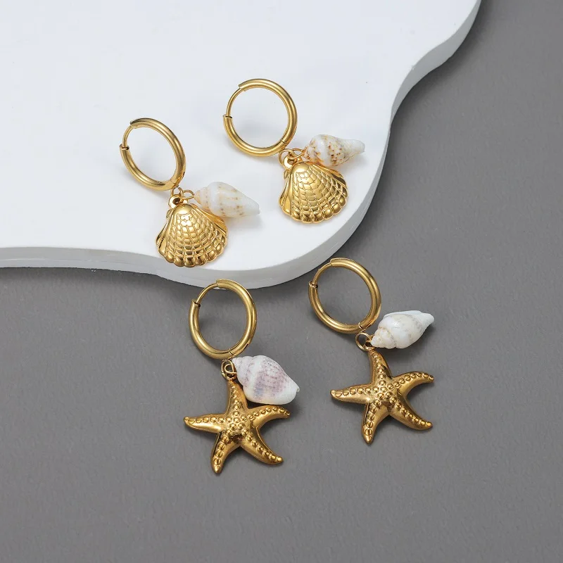Afirstee Ocean Series Shell Starfish Small Pendant Earrings For Women Girls Studs Elegant Jewelry Christmas Gifts