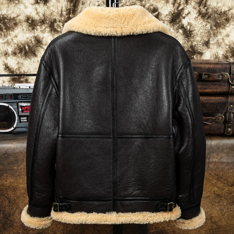 Dark Brown Winter Shearling Jacket Men Military Style Plus Size 5XL Natural Thick Sheepskin Warm B3 Bomber Genuine Leather Coat